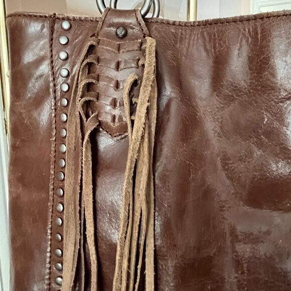 The Sak Montara Tan Leather Fringe Studded Boho Tote Handbag Shoulder Purse - Picture 10 of 15